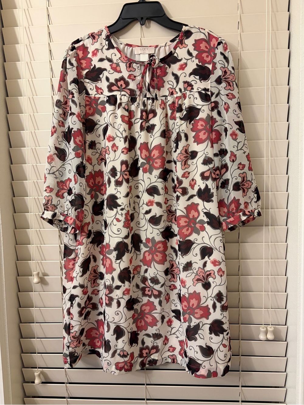 LOFT Women's Petite Medium PM Floral Peasant Dress Mauve Pink Cream 3/4 Sleeve
